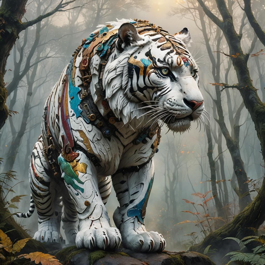Steampunk Stone Tiger with Peeling Paint in Misty Forest