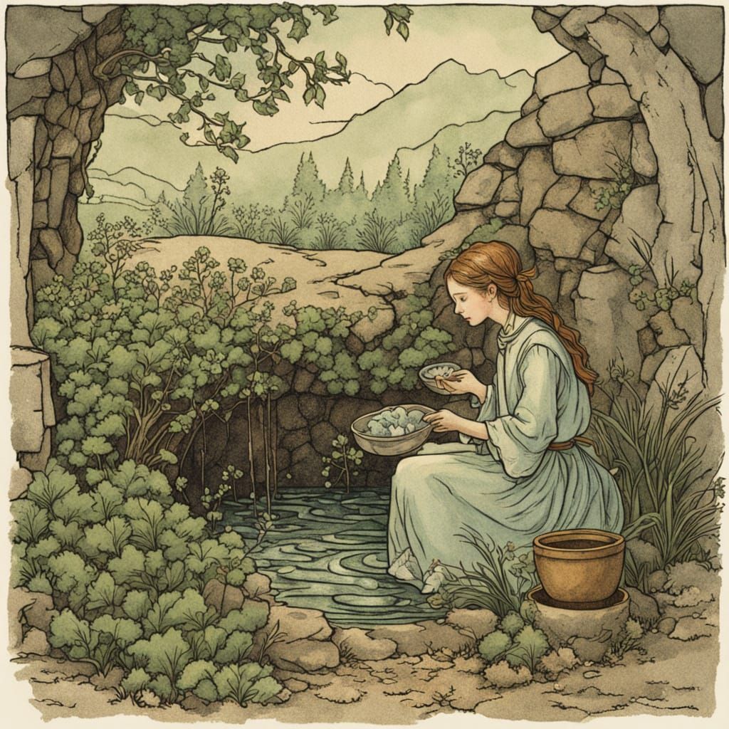 Folkloric Illustration of Woman Washing Garment in Dry Well