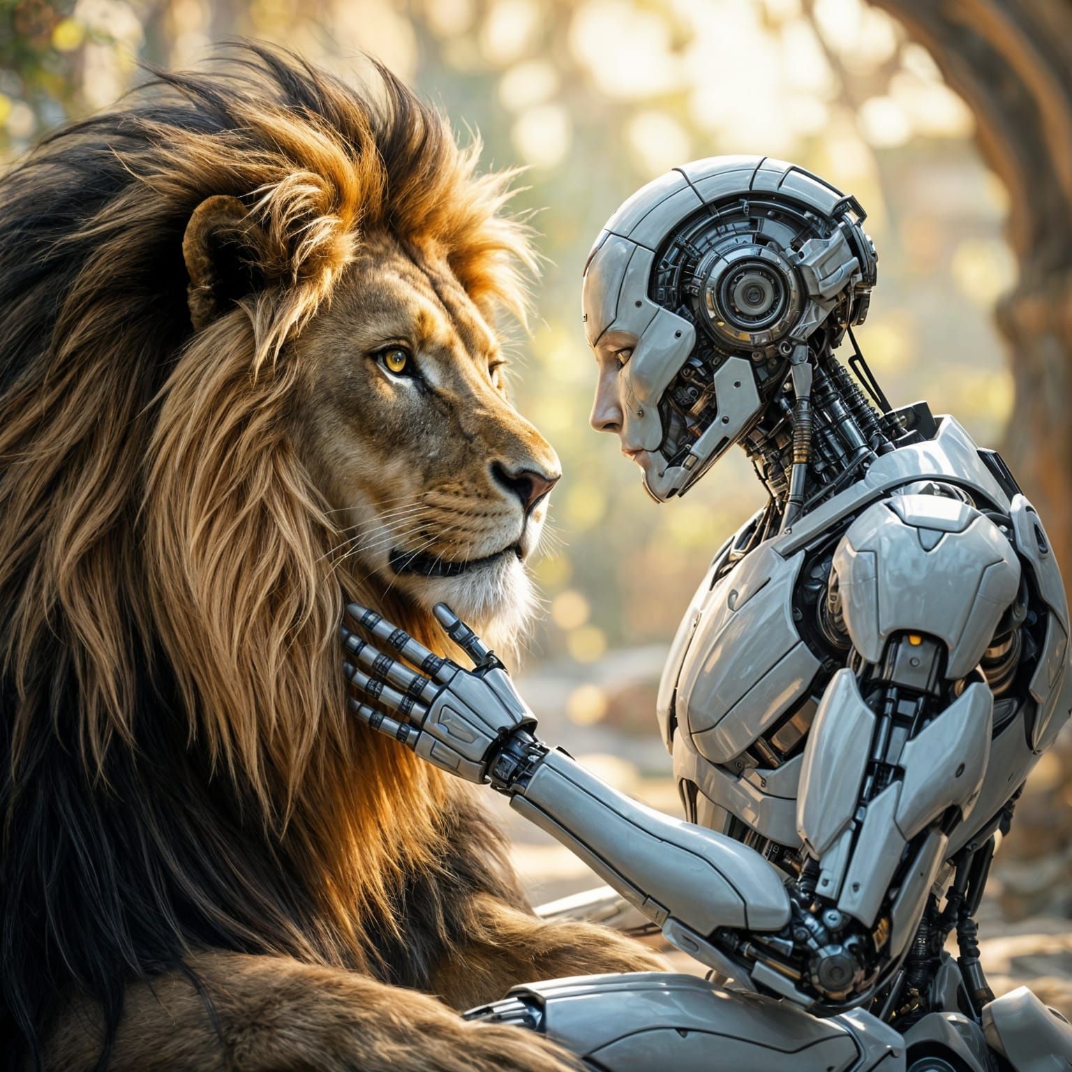 Cyborg and Lion Friendship in Photorealistic Style