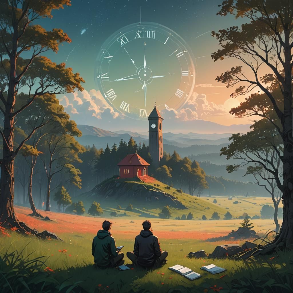 Ethereal Clock in Sky Over Meditative Figure