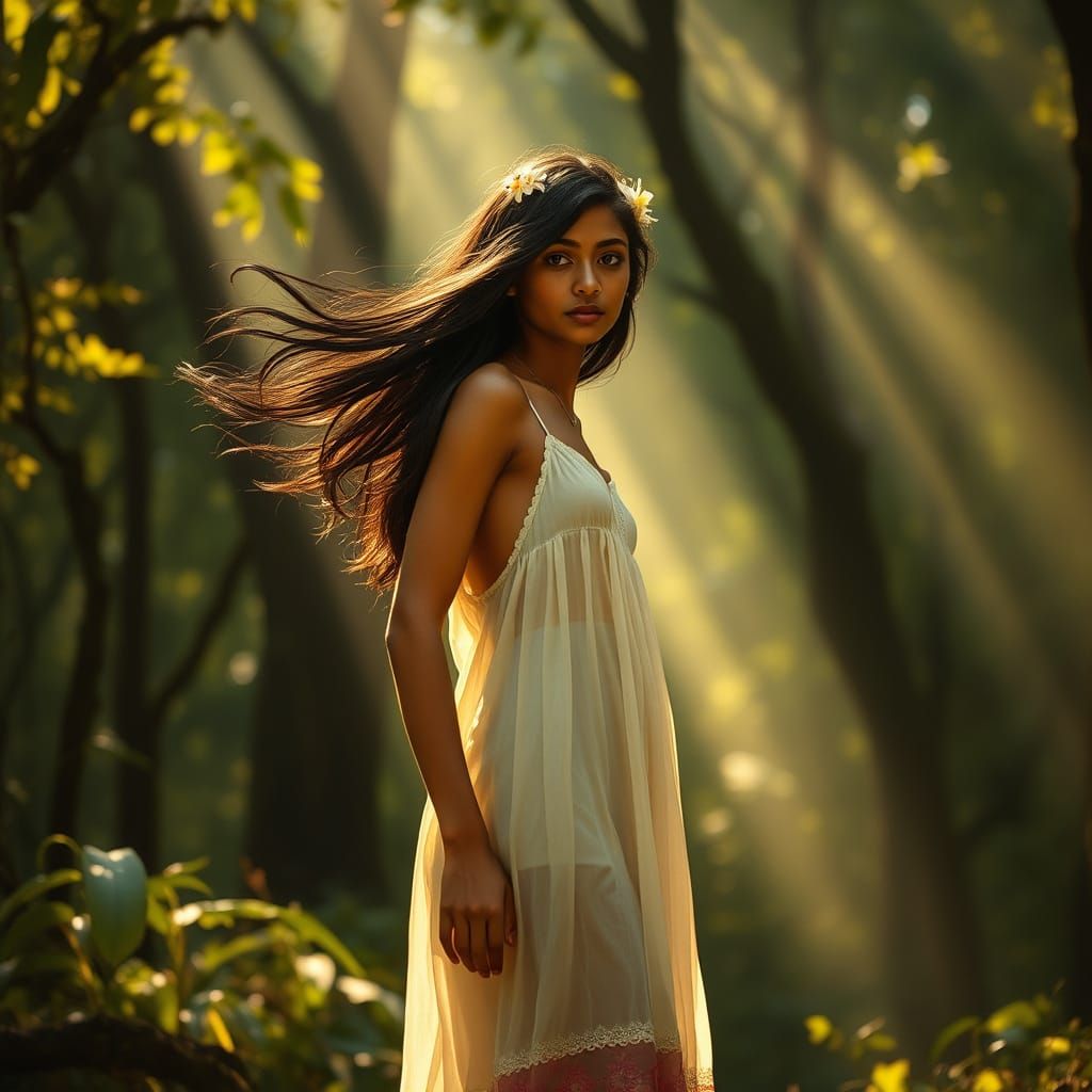 Sri Lankan Woman in Sun-Dappled Forest, Pre-Raphaelite Style