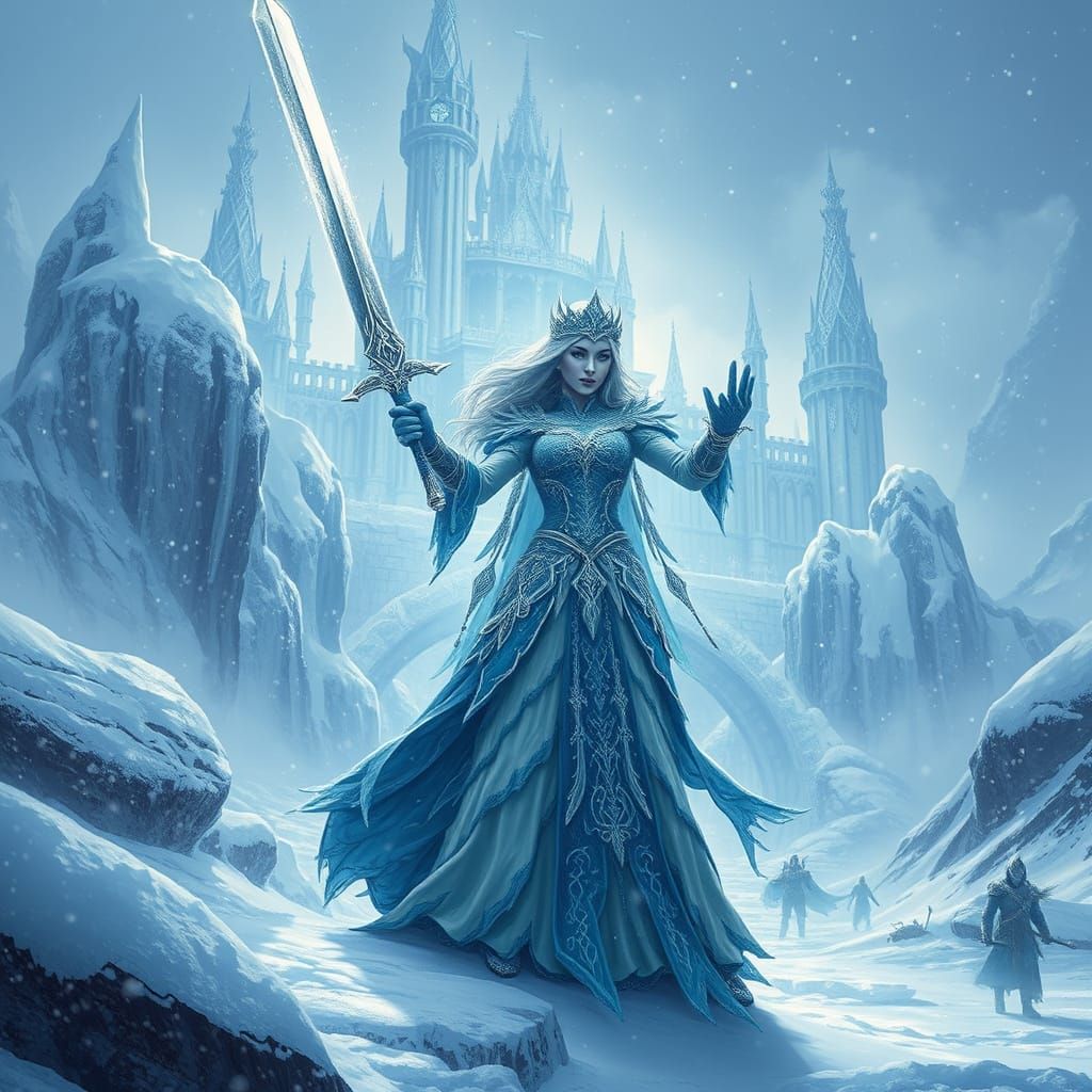Ice Queen Valiantly Stands Amidst Snowstorm in Hyper-Realist...