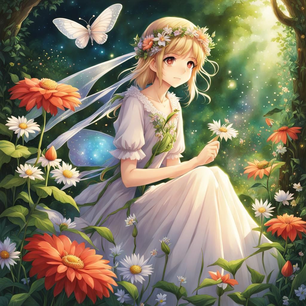 Flower Fairies Playing in a Secret Garden: Anime Art