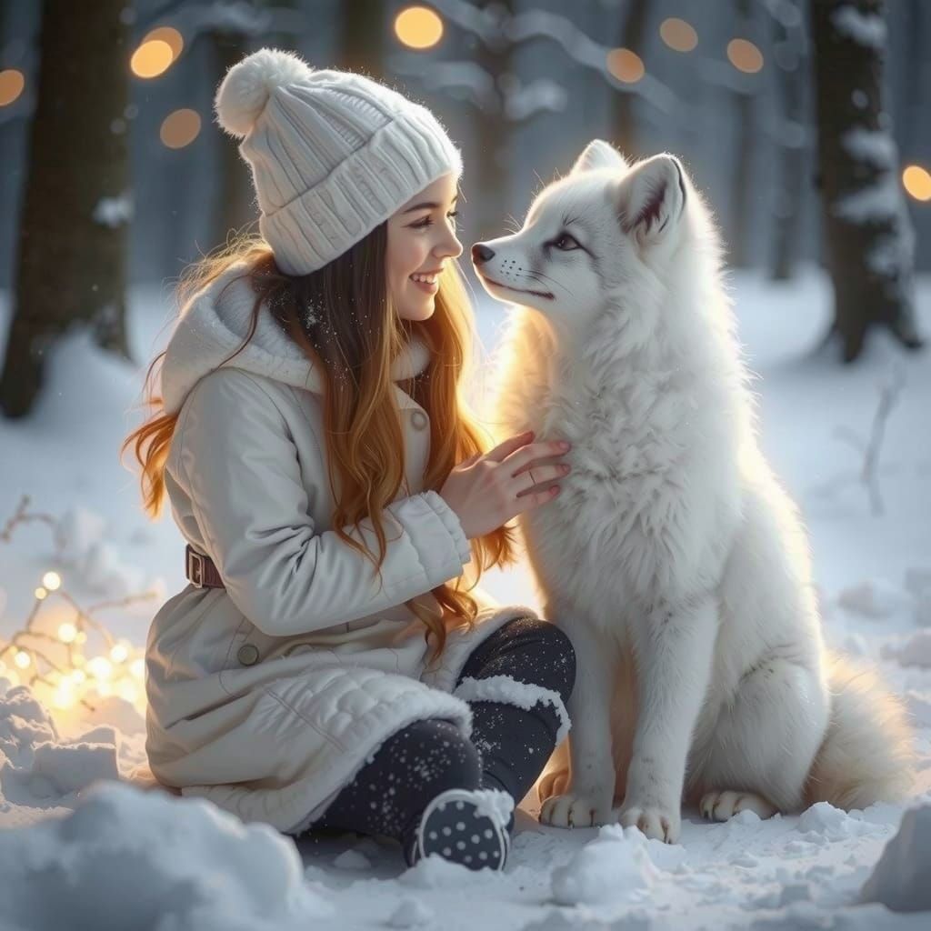 Girl and Arctic Fox Share Winter Wonderland Moment in Hyper-...