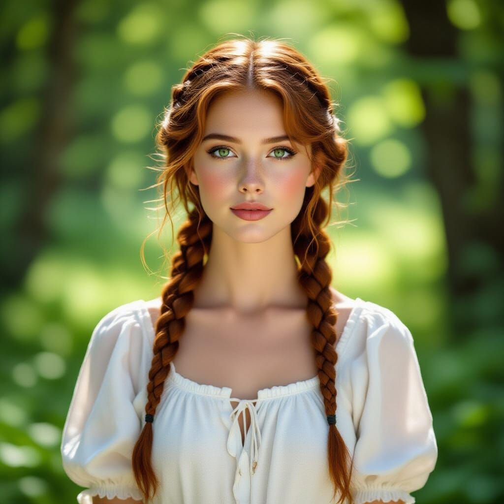 Serene Portrait of Auburn-Haired Woman in Forest