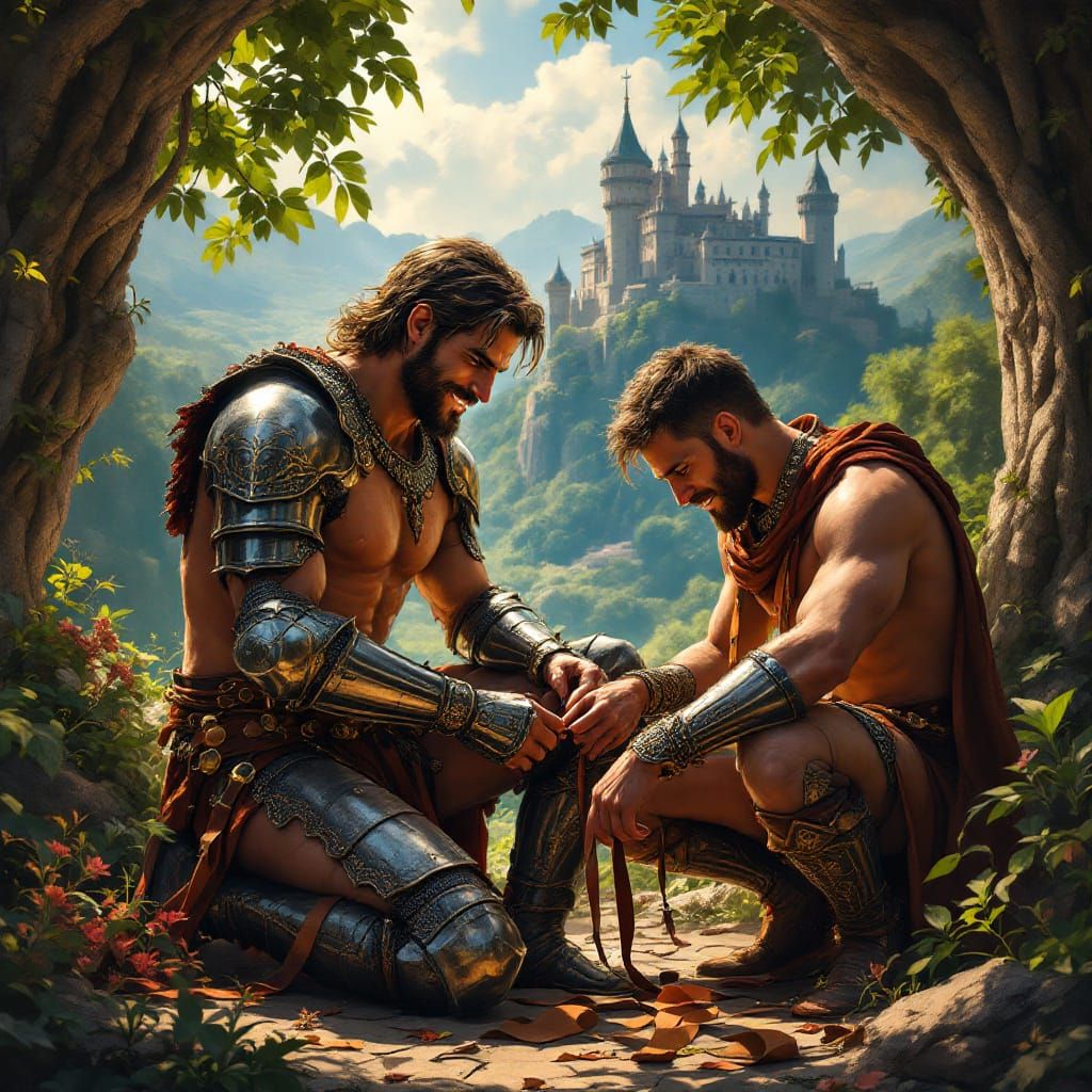 Knight and Squire in Lush Fantasy Landscape