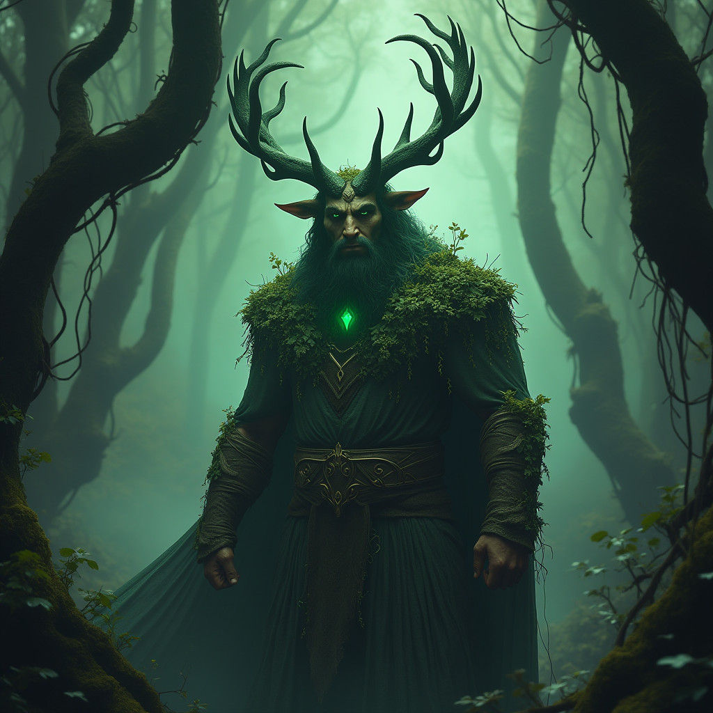 Mystical Cernunnos in Emerald Forest: Fantasy Art