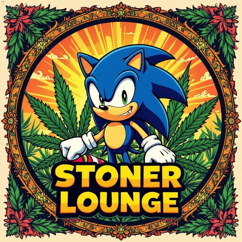 Sonic with Cannabis Leaves in Cartoon Style