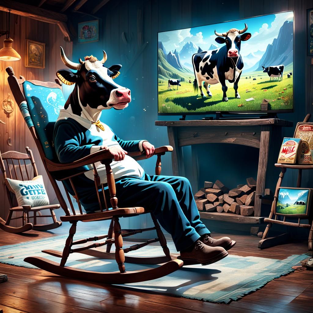 Cow Watching TV in a Rocking Chair