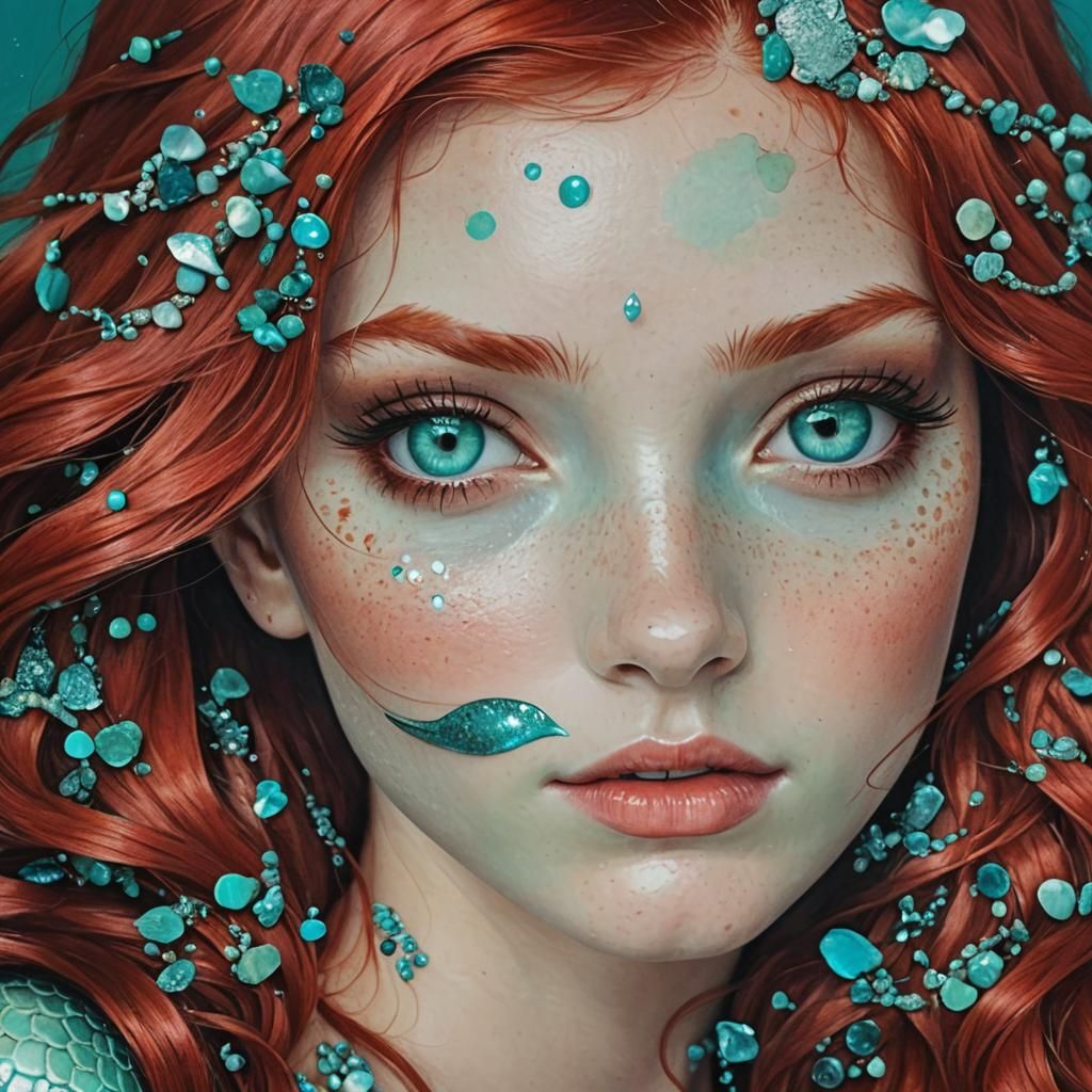 Mermaid with Turquoise Eyes and Red Hair