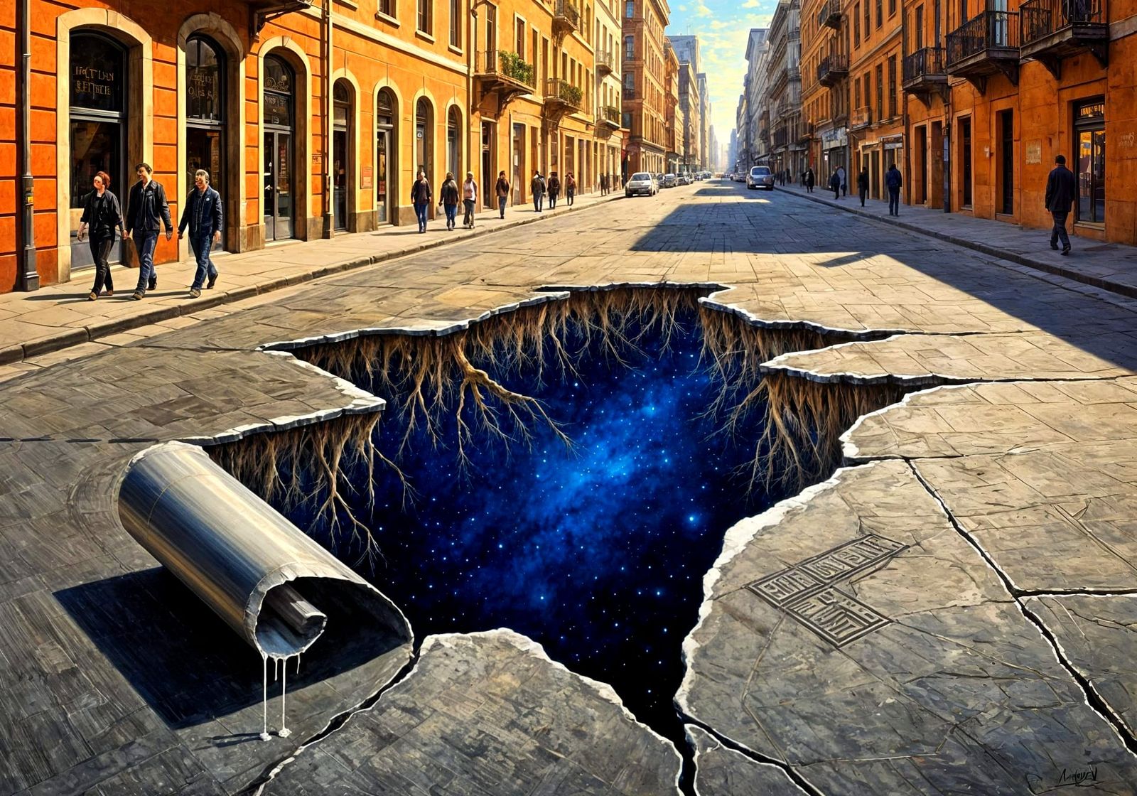 Golden Hour City Street Torn Open to Cosmic Depths