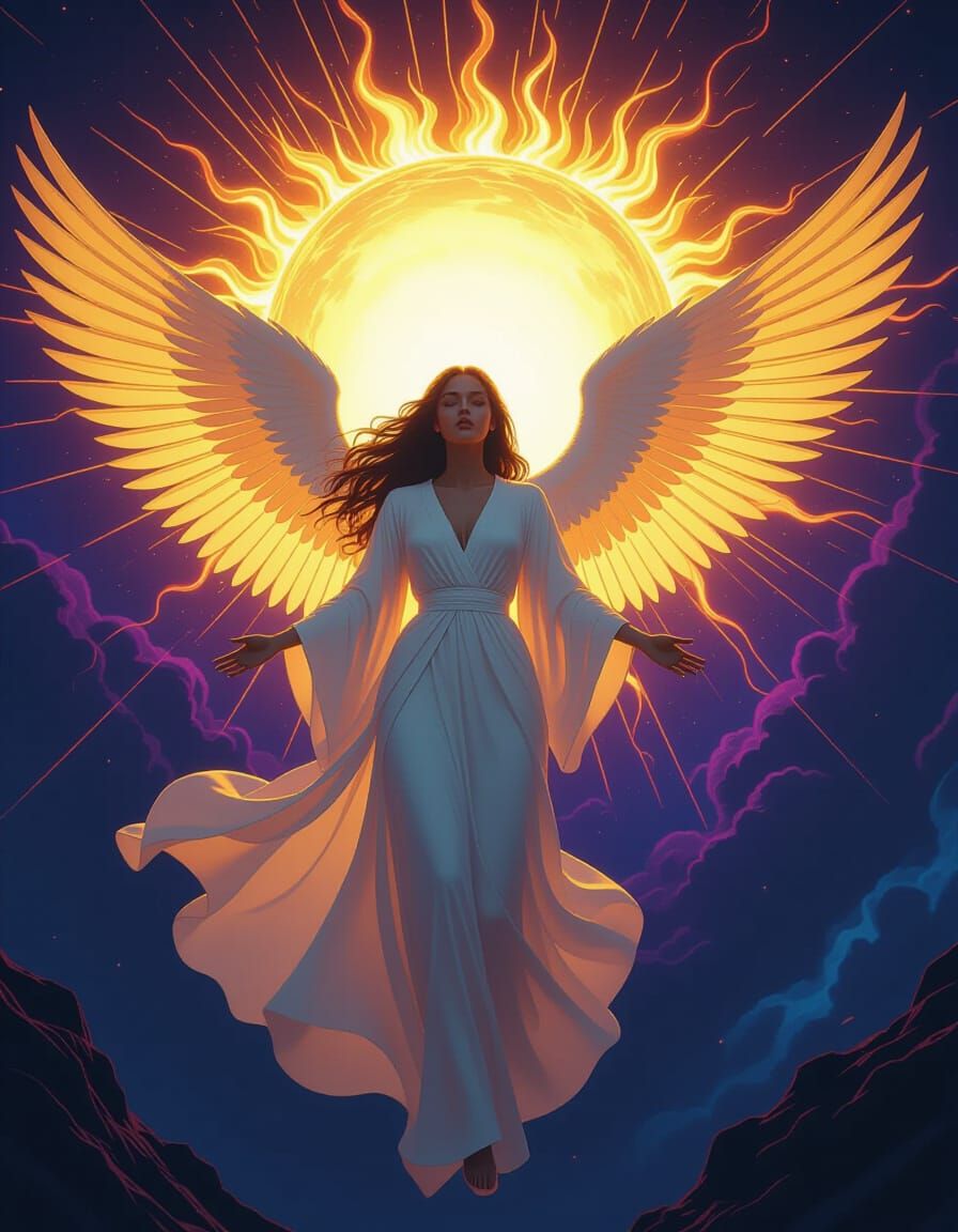 Celestial Angel Amidst Solar Flares in Cosmic Nebula