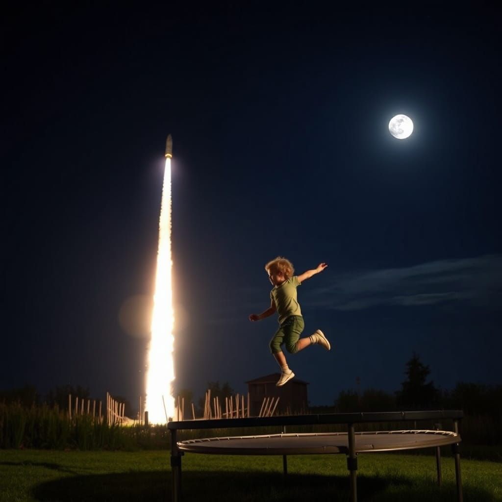 Child's Moonlit Trampoline Launch with Rocket