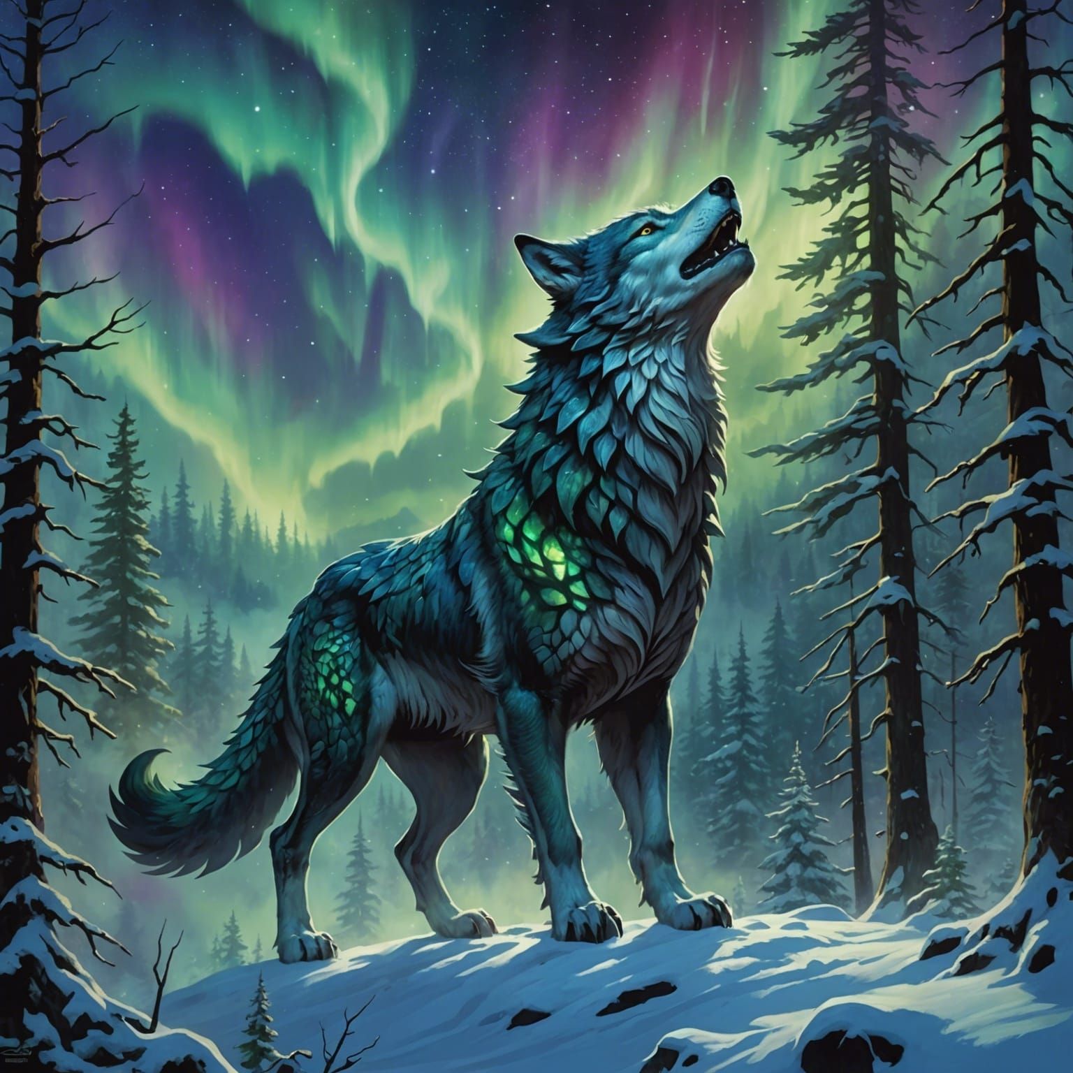 Wolf-Dragon Hybrid Howling at Aurora Borealis