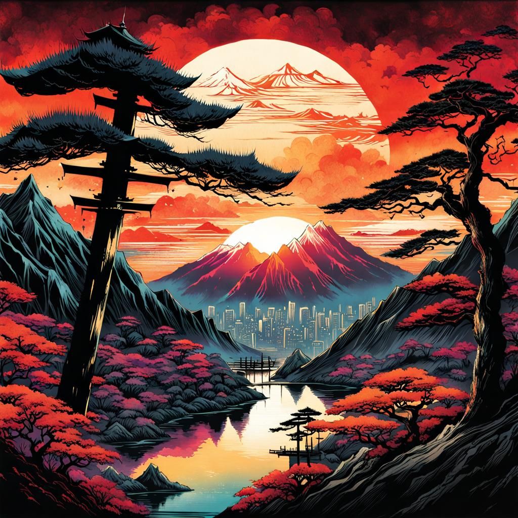 Japanese Sunrise Over Mountains in Neo-Victorian Style