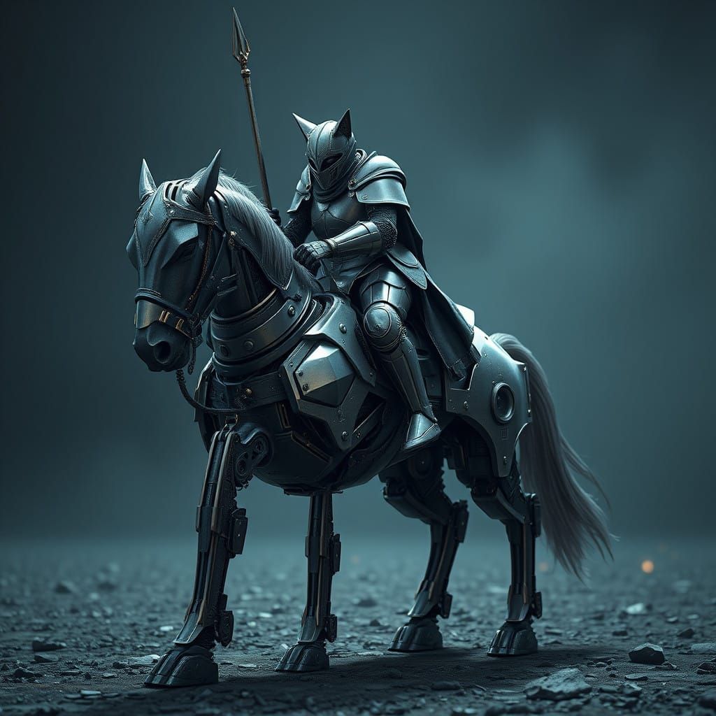 Epic Sci-Fi Cat Knight Rides Futuristic Horse