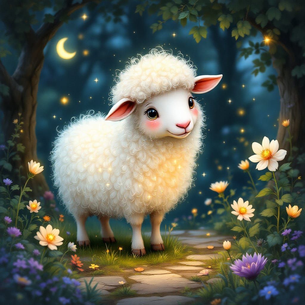 Moonlit Sheep in Enchanted Garden Storybook Style