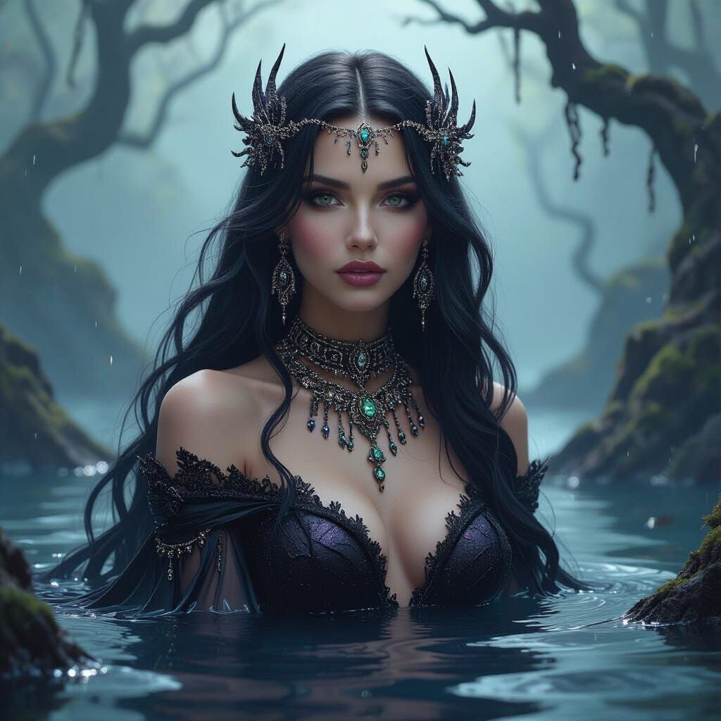 Gothic Mermaid Goddess in Dark Waters