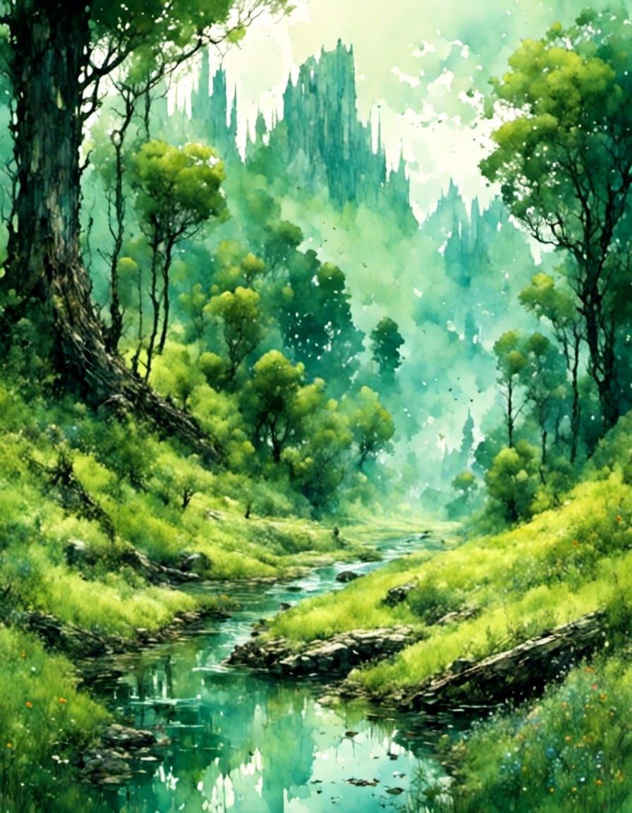 Dreamlike Meadow With Creek, Matte Painting Style