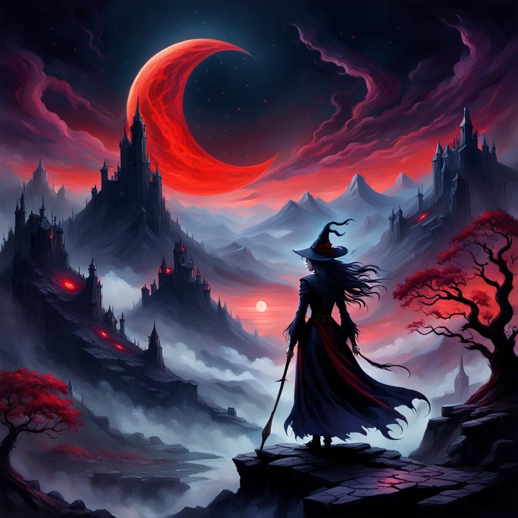 Gothic Witch and Blood Moon, Fantasy Illustration