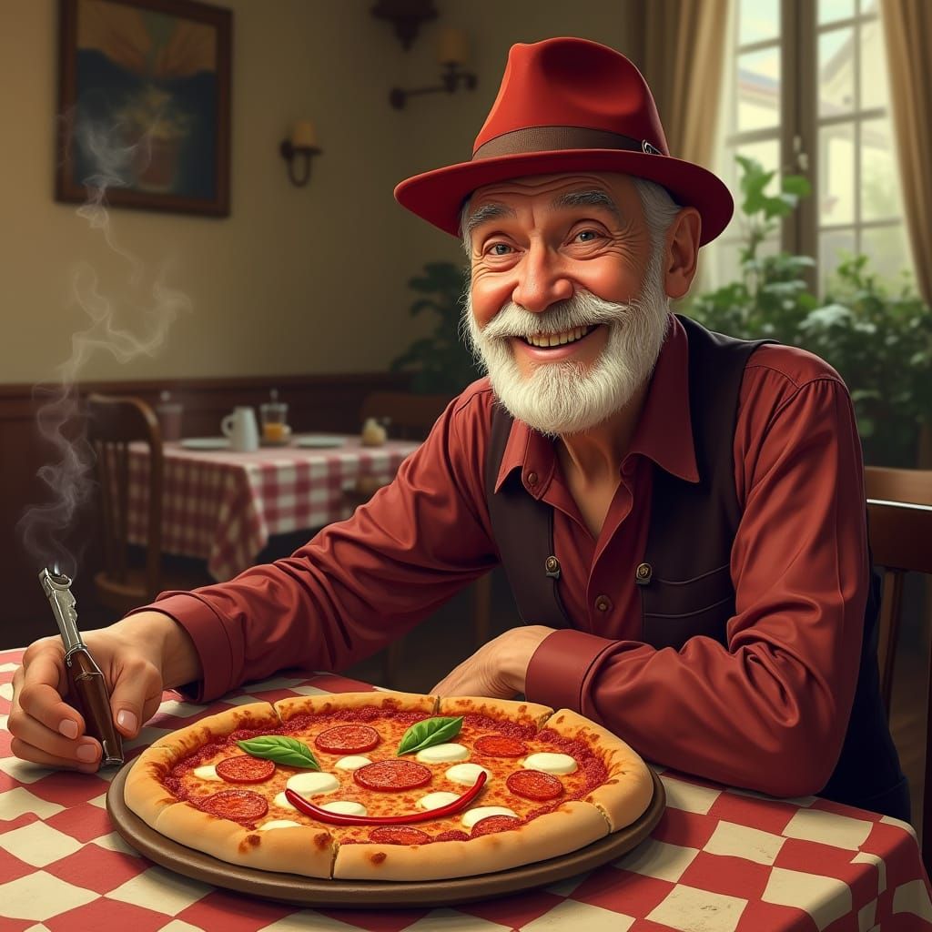 Surreal Italian Gentleman Savoring Classic Trattoria Feast