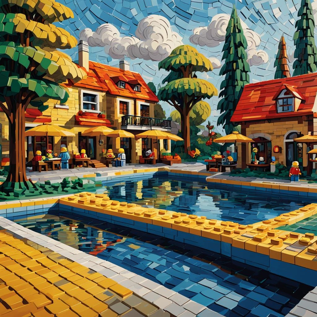 A stunning lego village with a pool area and a kids park all...