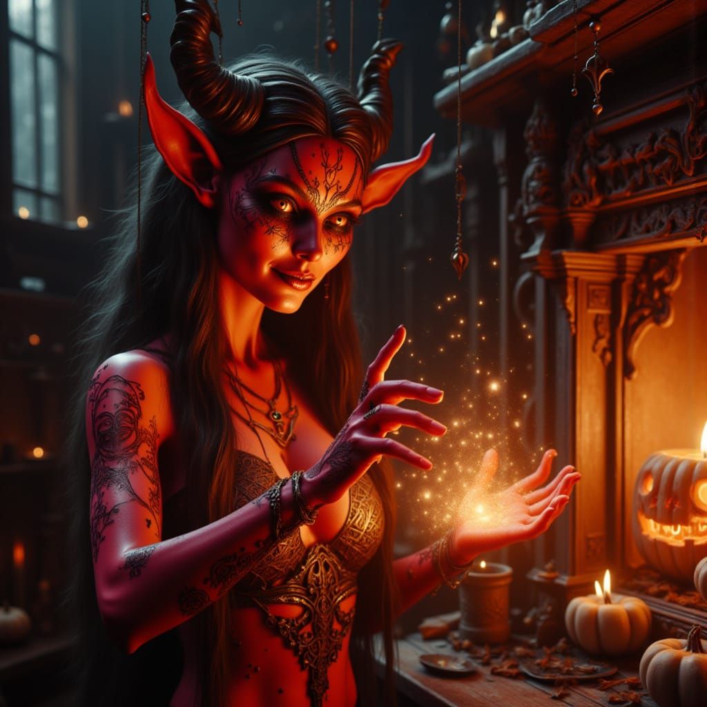 Crimson Elf Weaving Magic by Firelight