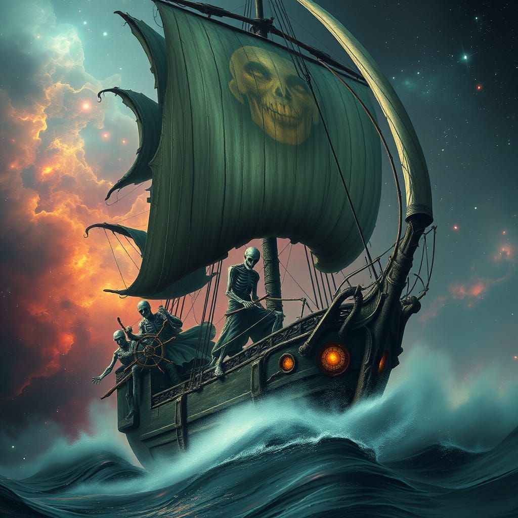 Spectral Galleon Sails Nebulae in Ethereal Style