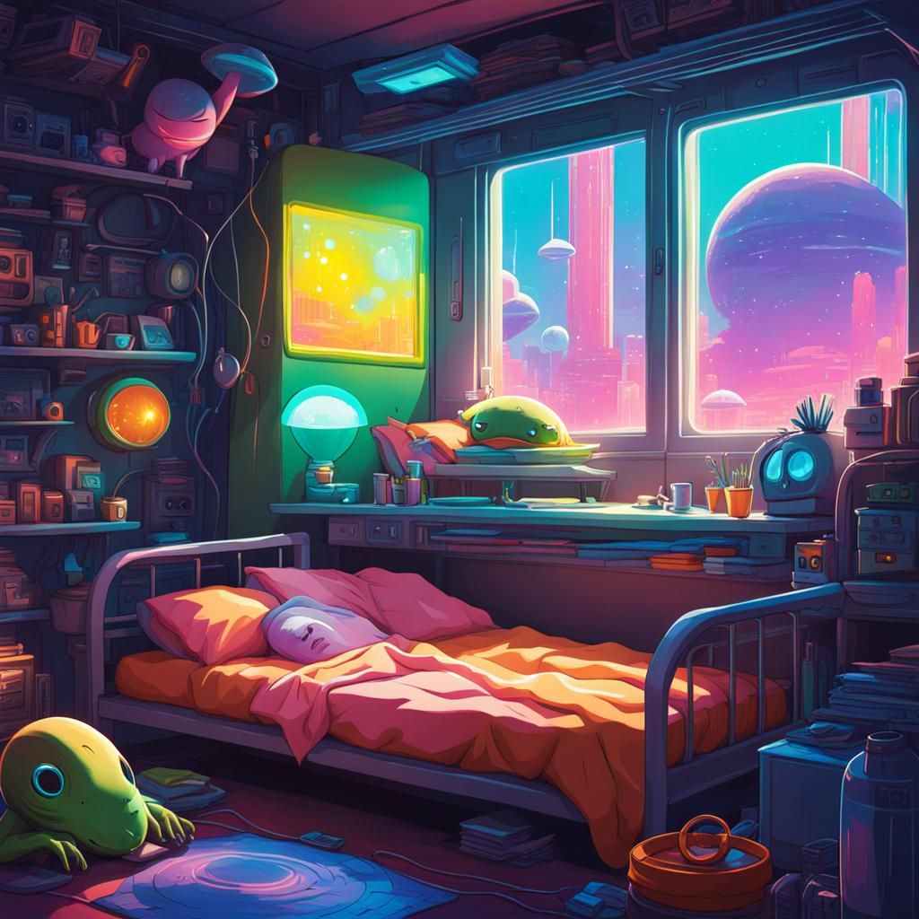 Cute Alien Sleeping in Lofi Animated Cartoon Style