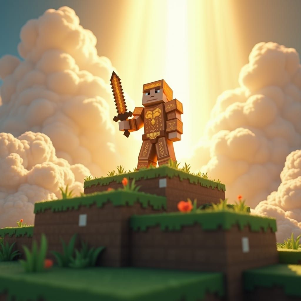 Heroic Minecraft Warrior in Divine Landscape