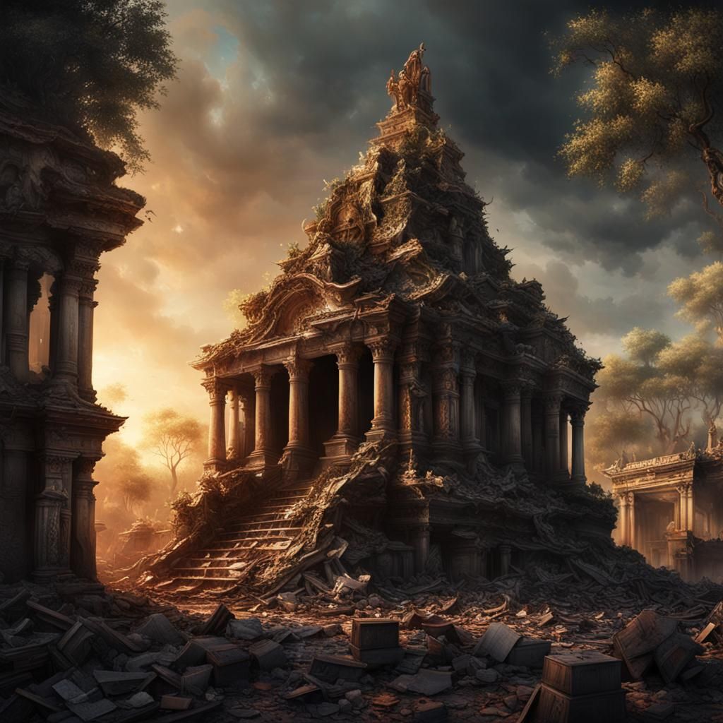 Crumbling Temple Ablaze: Photorealistic Detailed Destruction