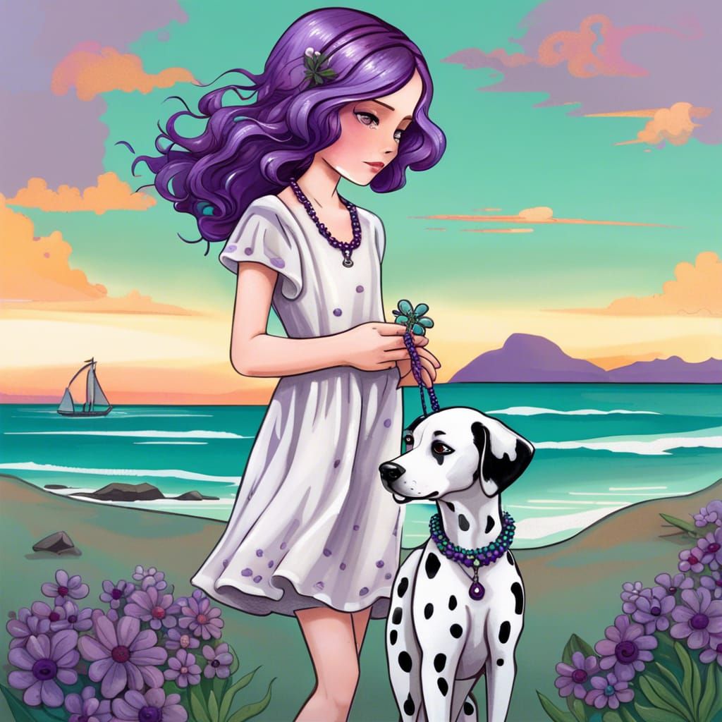 Girl with Dalmatian Puppy on Beach at Sunset