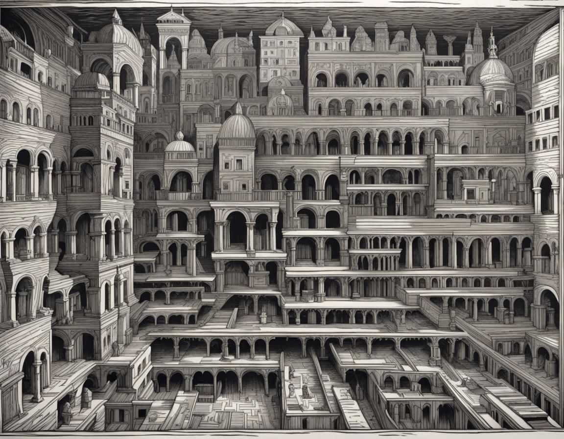 Labyrinthine Old City: Woodcut Line Art