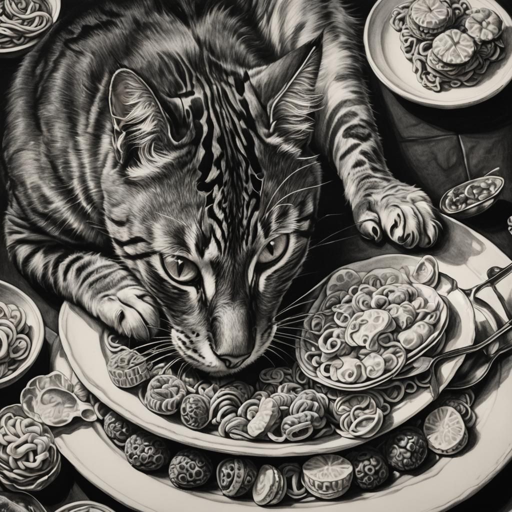 Cat Eating Tuna in Charcoal Drawing Style
