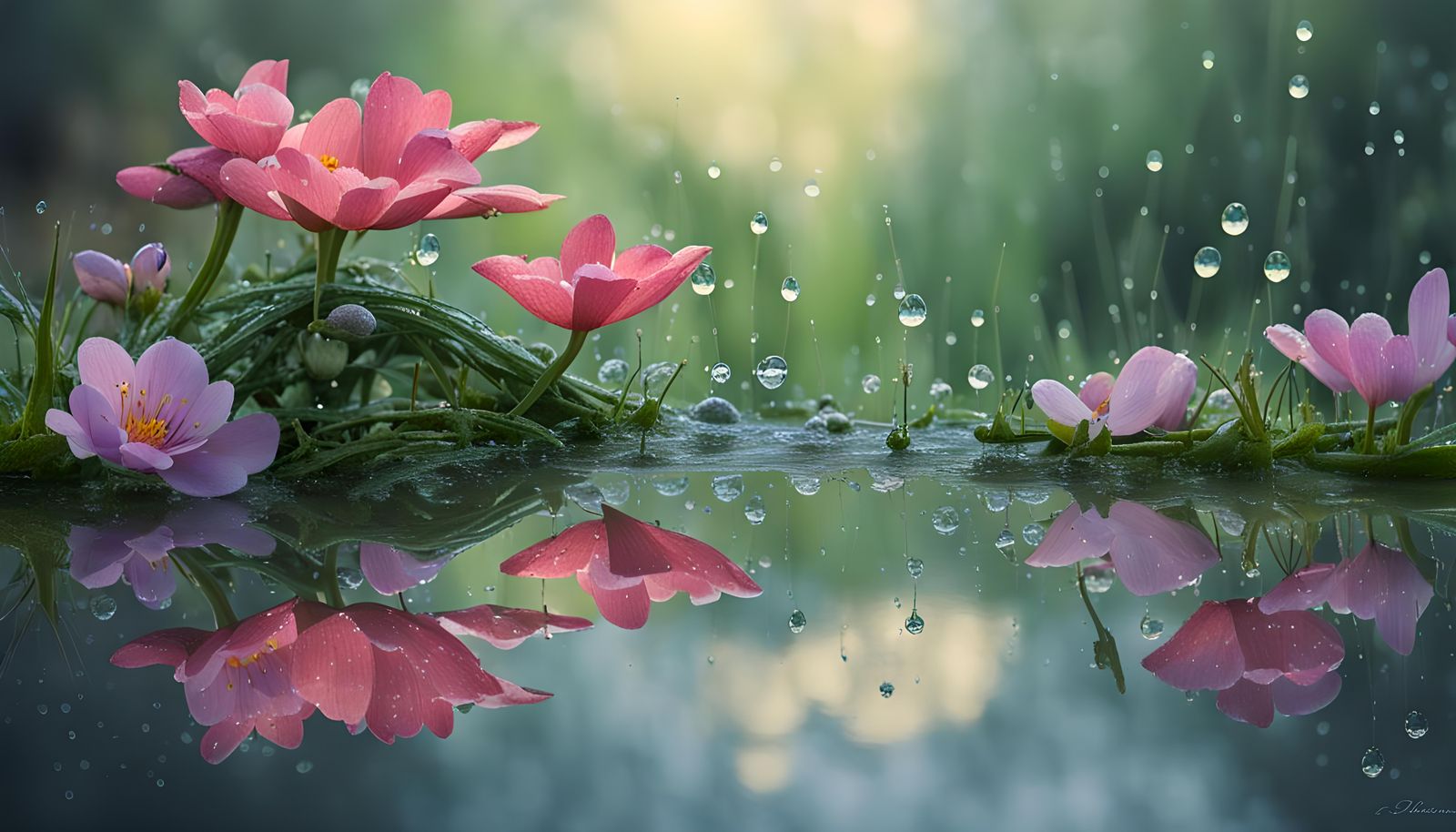 Flowers Adorned with Water Droplets Reflection