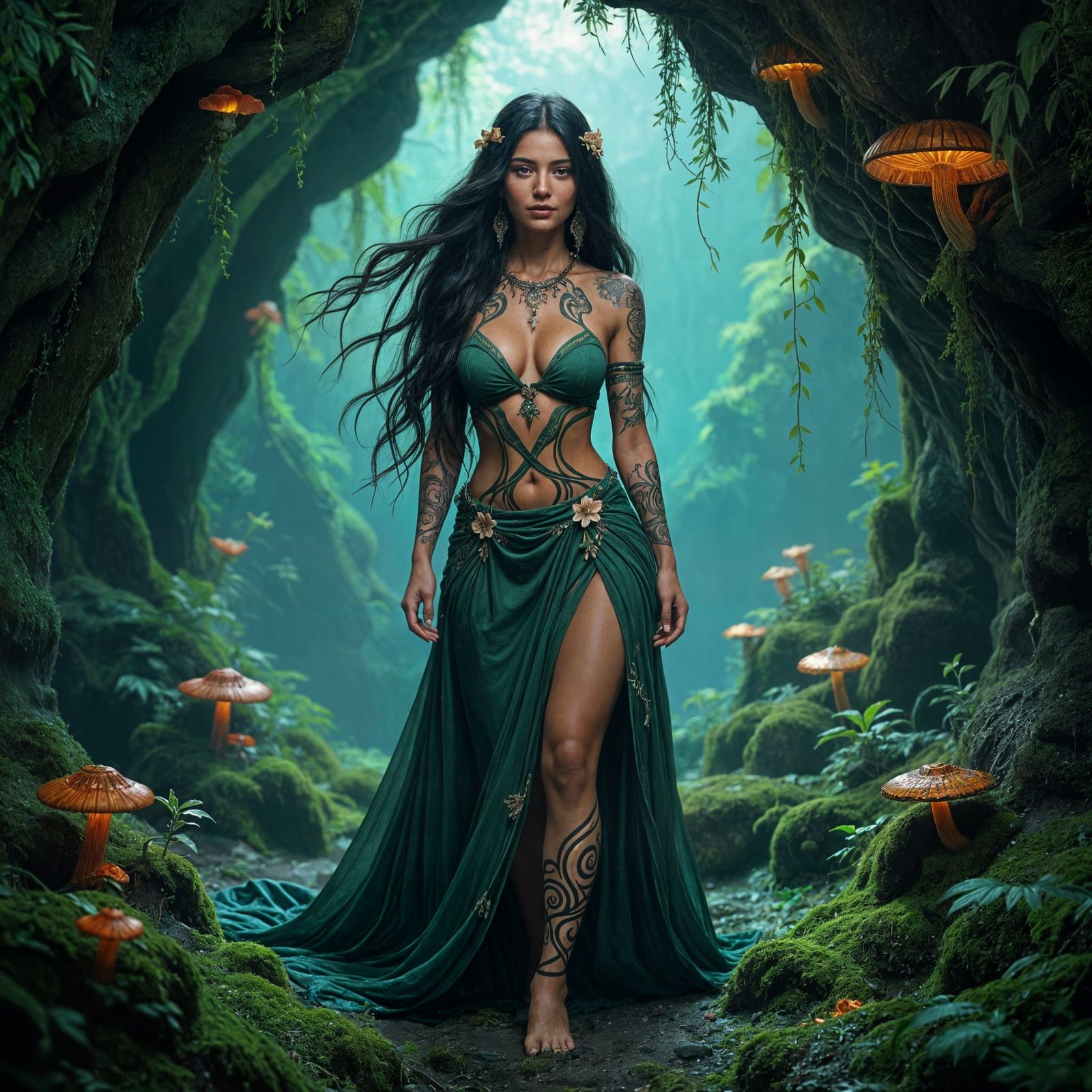 Bioluminescent Grotto: Tribal Woman in a Photorealistic Styl...