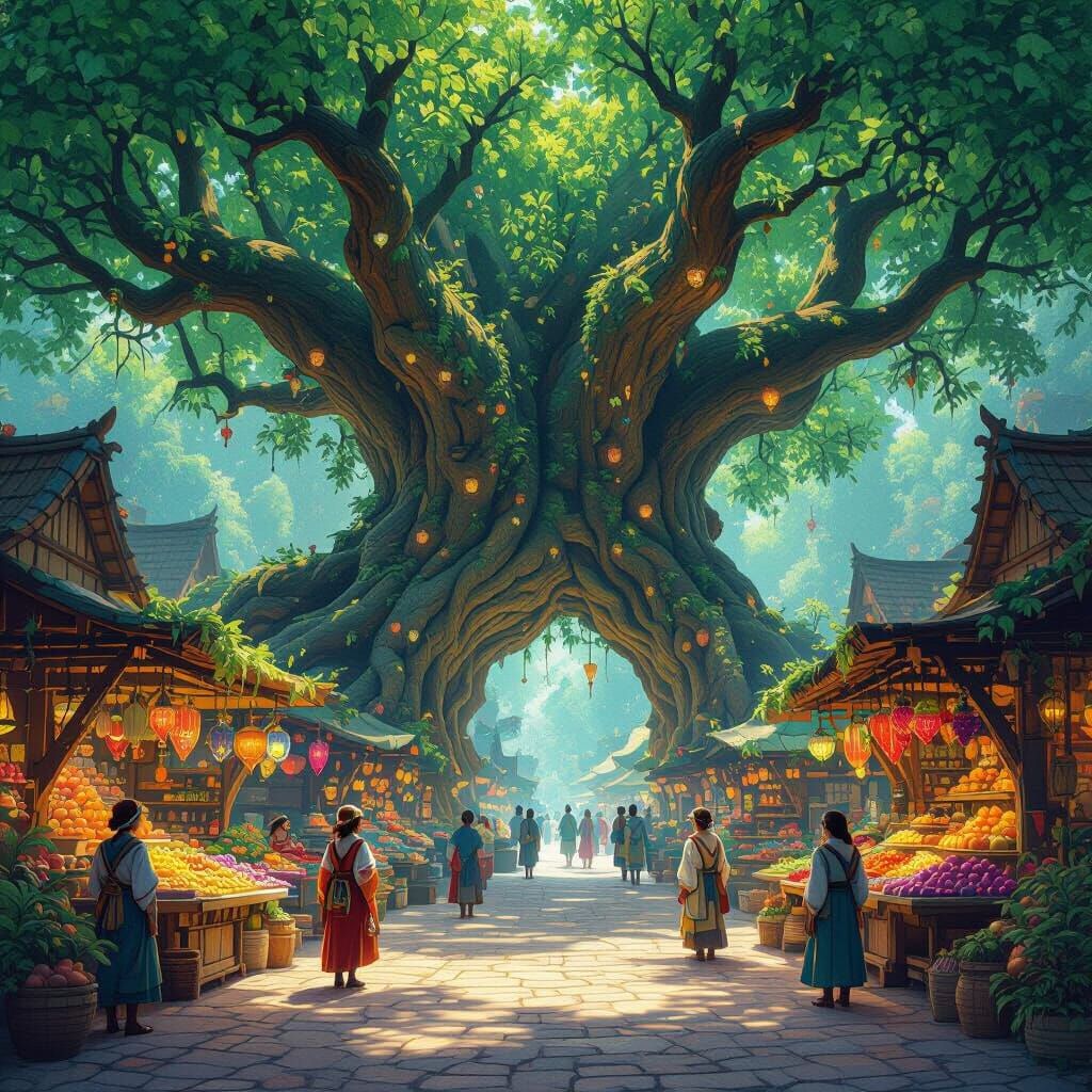 Ancient Tree Archway Over Bioluminescent Fungi Marketplace