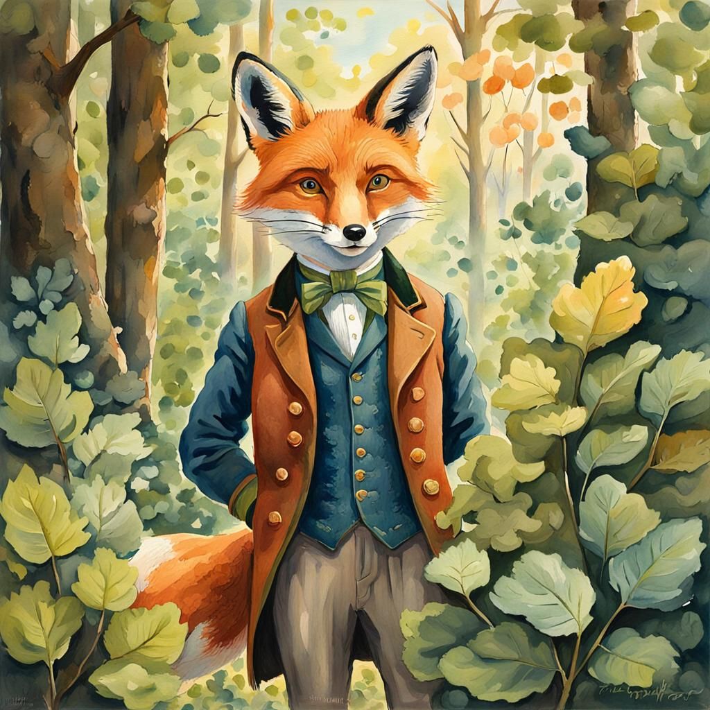 Victorian Fox Hunter in Lush Forest, Watercolor Style