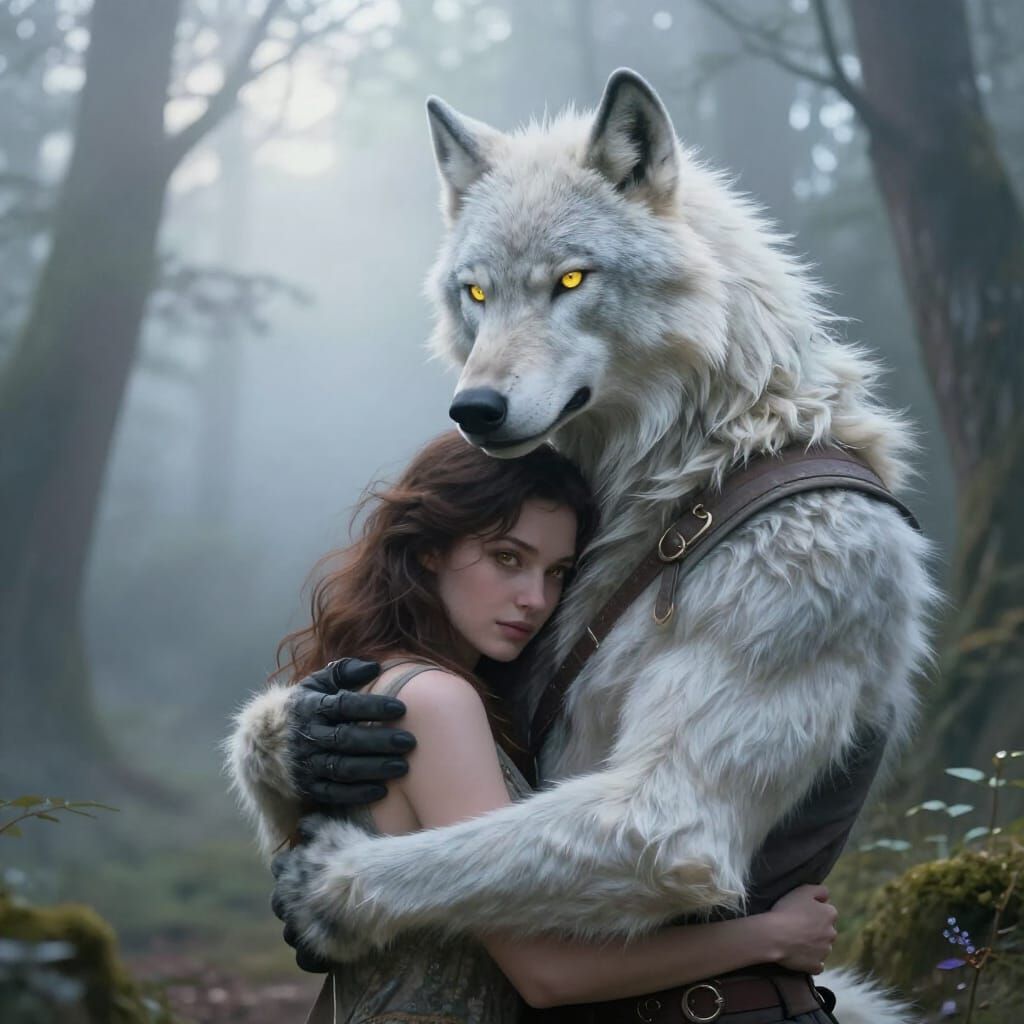 Werewolf Embraces Woman in Ethereal Forest
