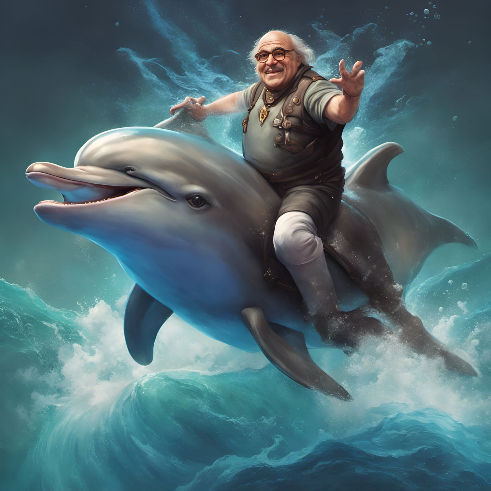 Danny Devito riding a dolphin