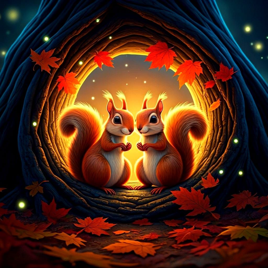Cozy Squirrels Snuggled in Autumn Tree Hole