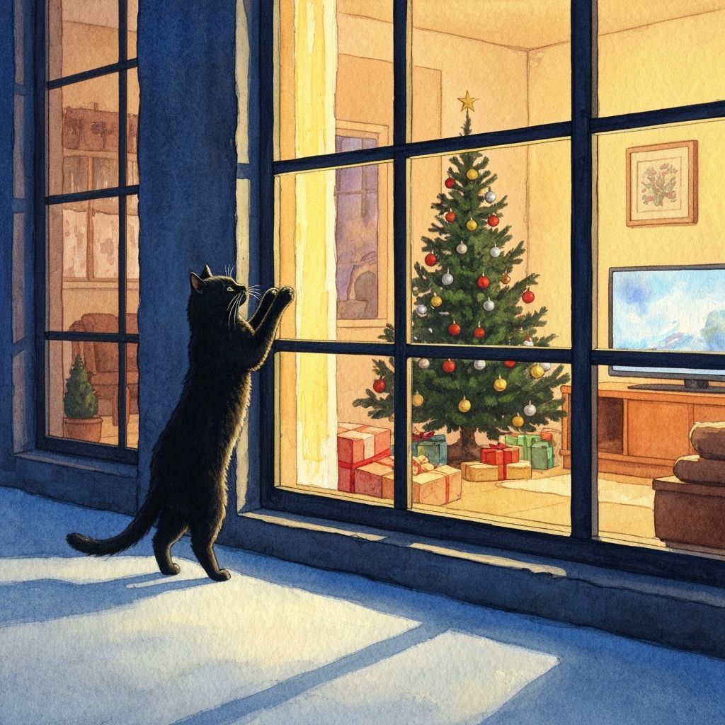 A black cat tapping on the outside of a lighted window that shows the interior of a room with a Christmas tree and a tel...