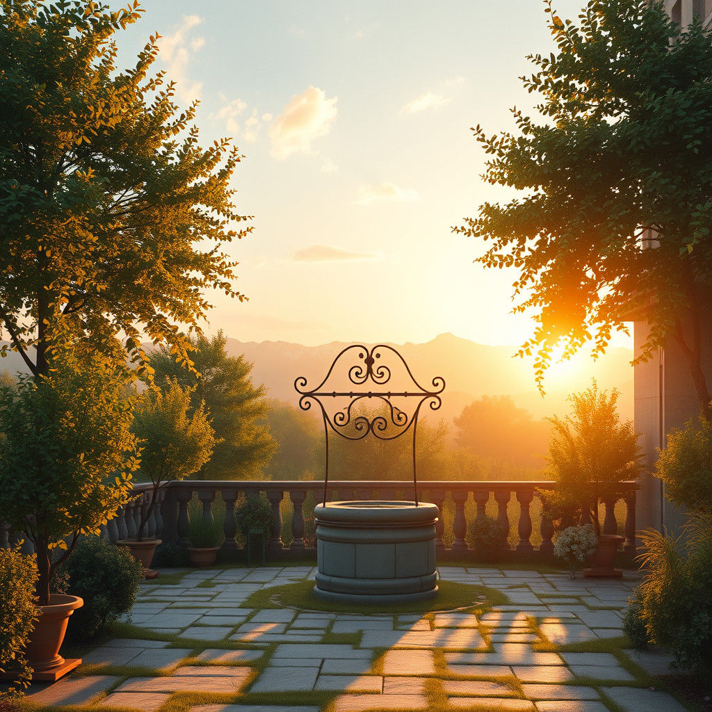 Idyllic Countryside Patio at Sunset in Watercolor Style