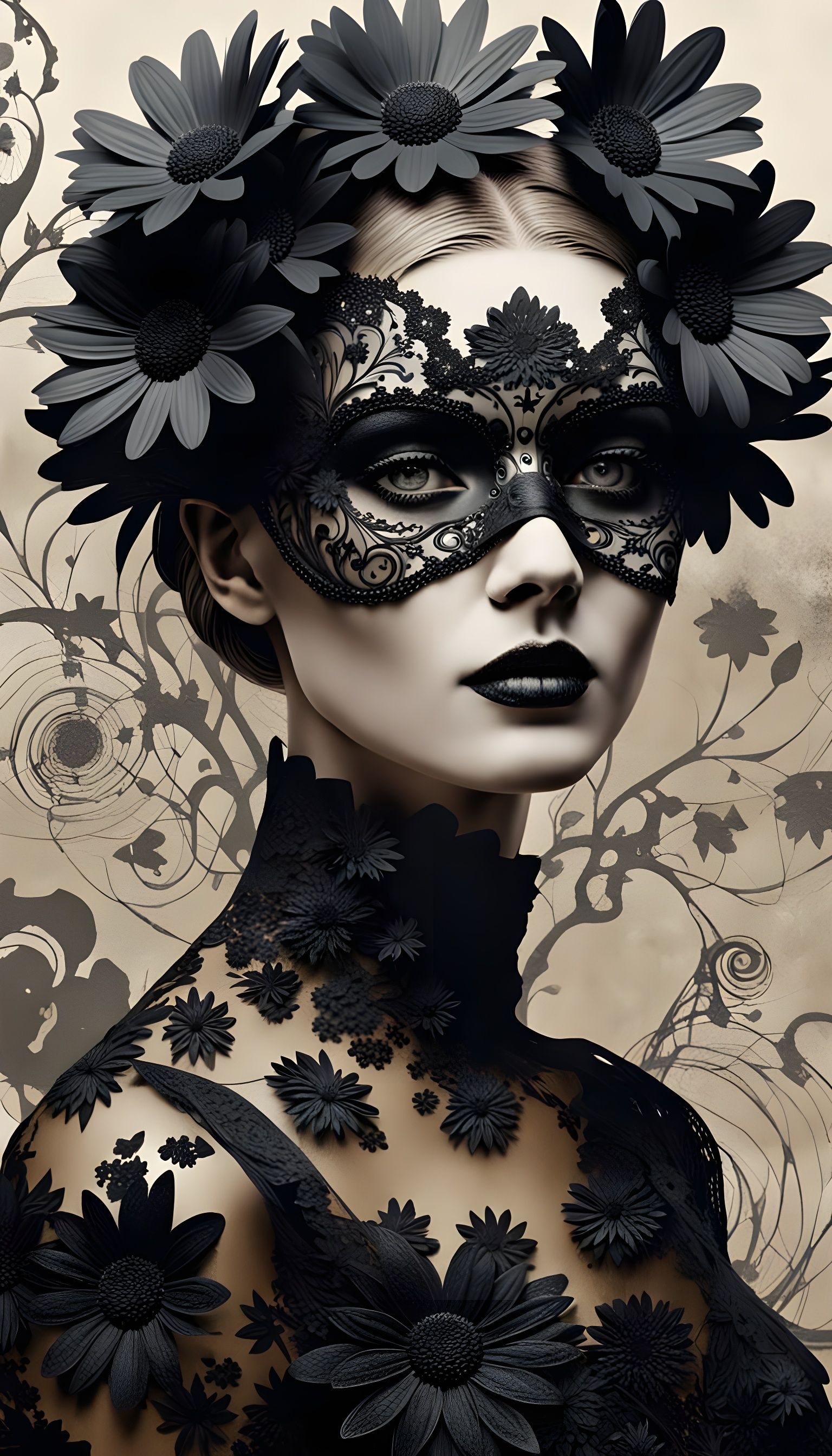 Elegant Woman in Textura Paper Art Wearing Black Floral Hall...