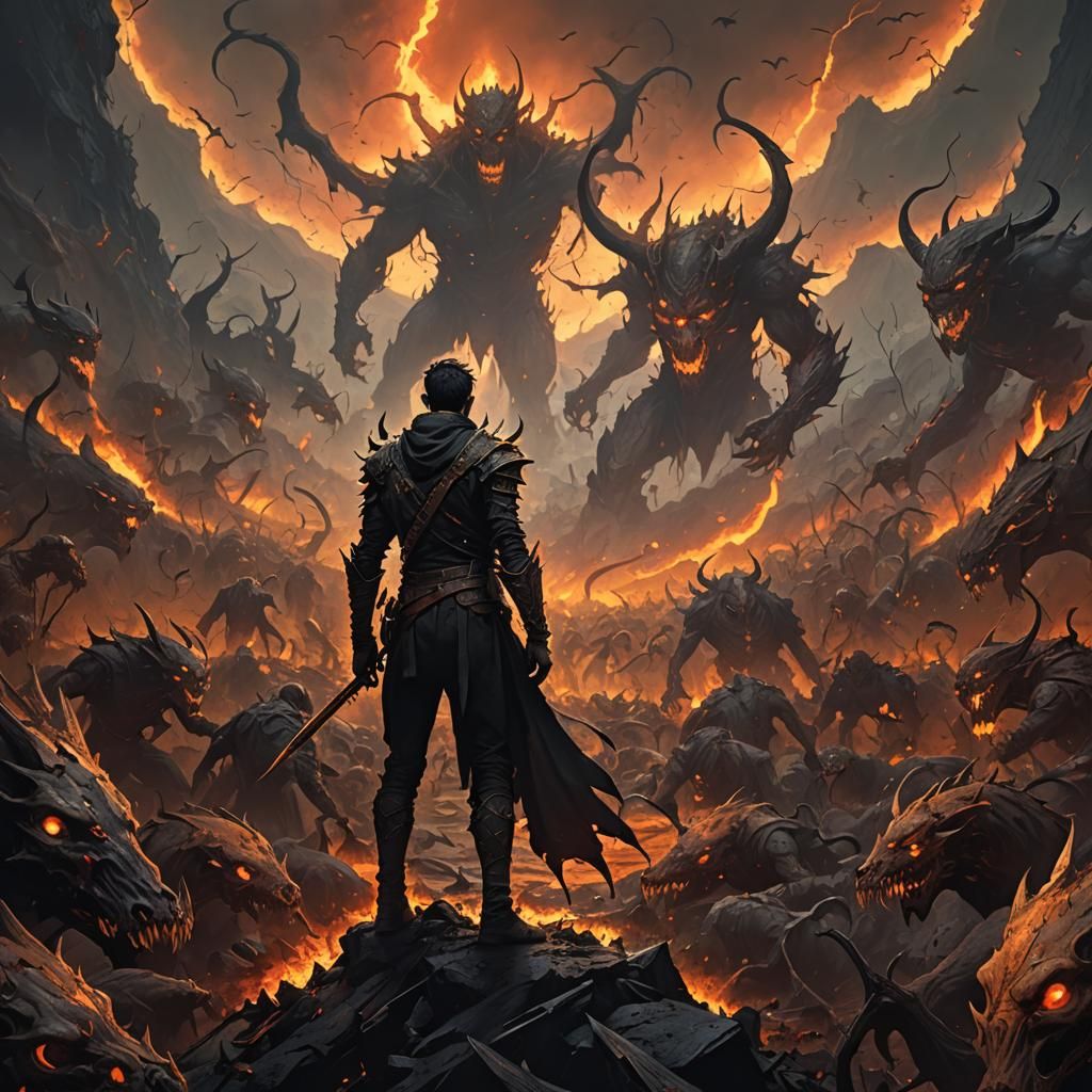 Victorious Man Amidst Demon Carnage in Hellscape