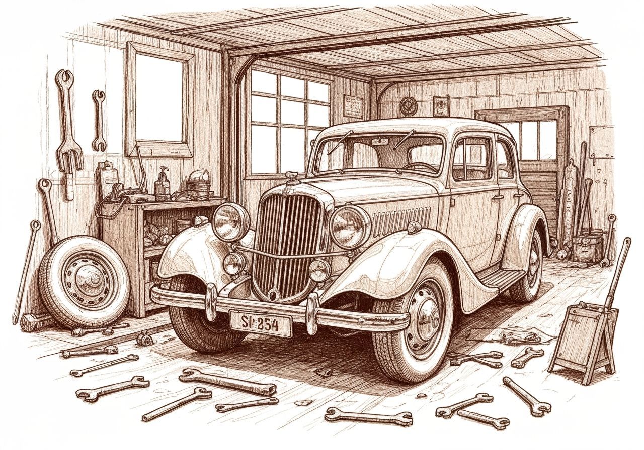 Vintage Car in Sepia-Toned Garage Sketch