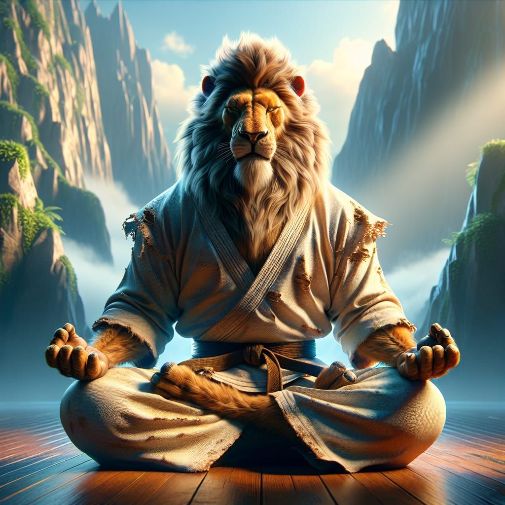 anthropomorphic lion karate master meditating in a mountaintop dojo