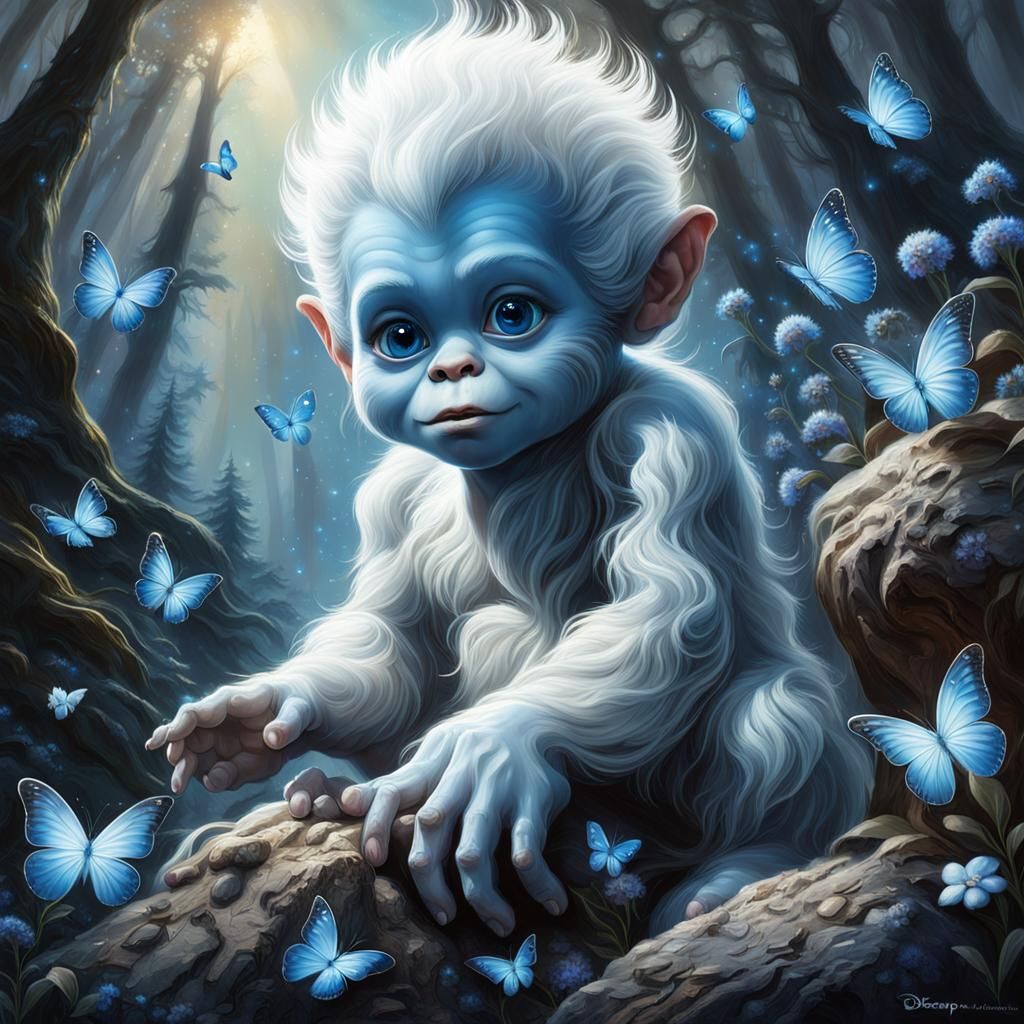 Magical Bigfoot Imp with Forget-Me-Nots in Forest