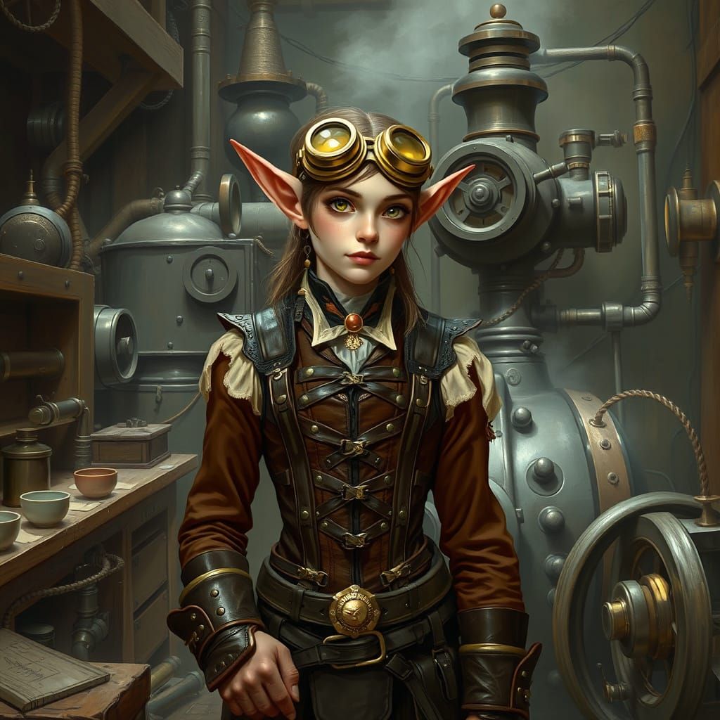Steampunk Elf in Victorian Workshop, Digital Painting