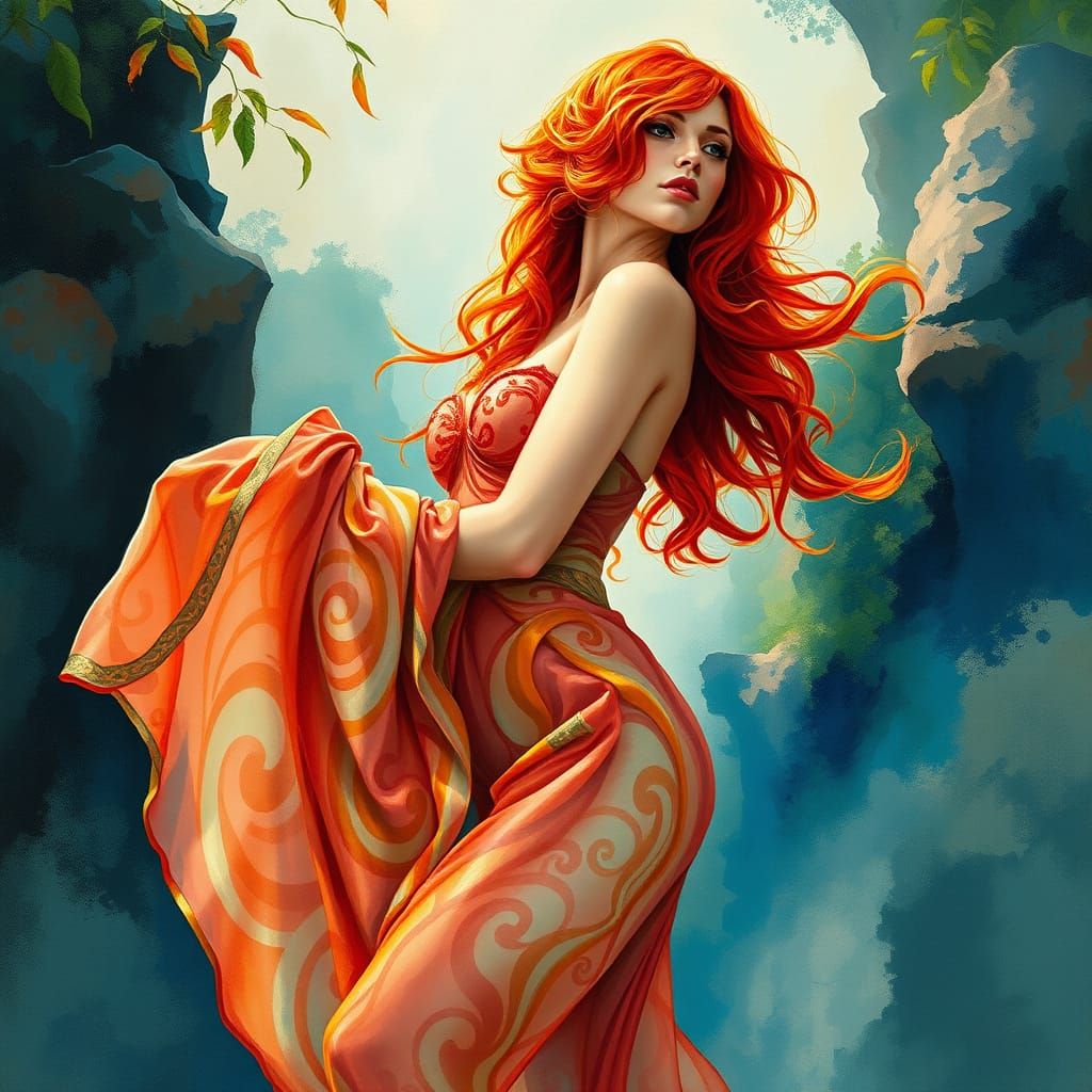 Ethereal Redhead Goddess in Sensual Impressionist Pose